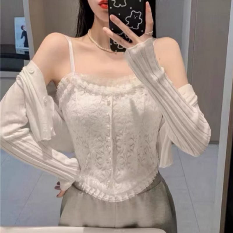 Áo Bra Ren Hoa Nhí Đính Khuy, Áo Hai Dây Mẫu Mới Croptop - hình 2